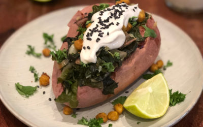 Baked Sweet Potatoes with Garlicky Greens + Crispy Curry Chickpeas