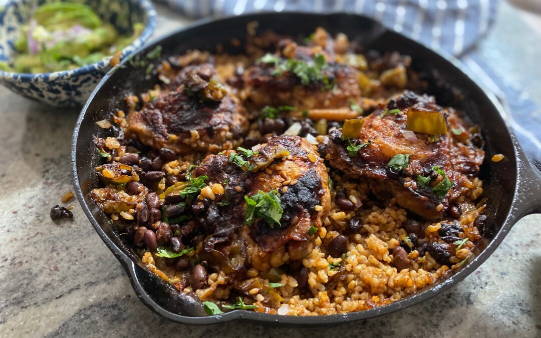 Skillet Chicken with Mole Sauce Rice and Beans